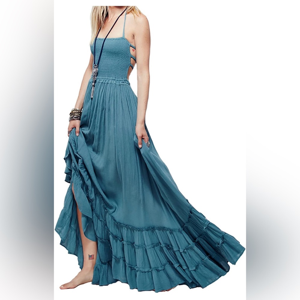 Women's Cotton Sleeveless Boho Beach Backless Long Dress - Teal - Small
